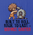 Actual low-resolution supplied reference from the April 25 email: caveman and lettering on a blue garment background